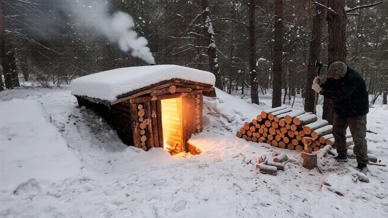 Building a dugout for survival during snowfall in the forest