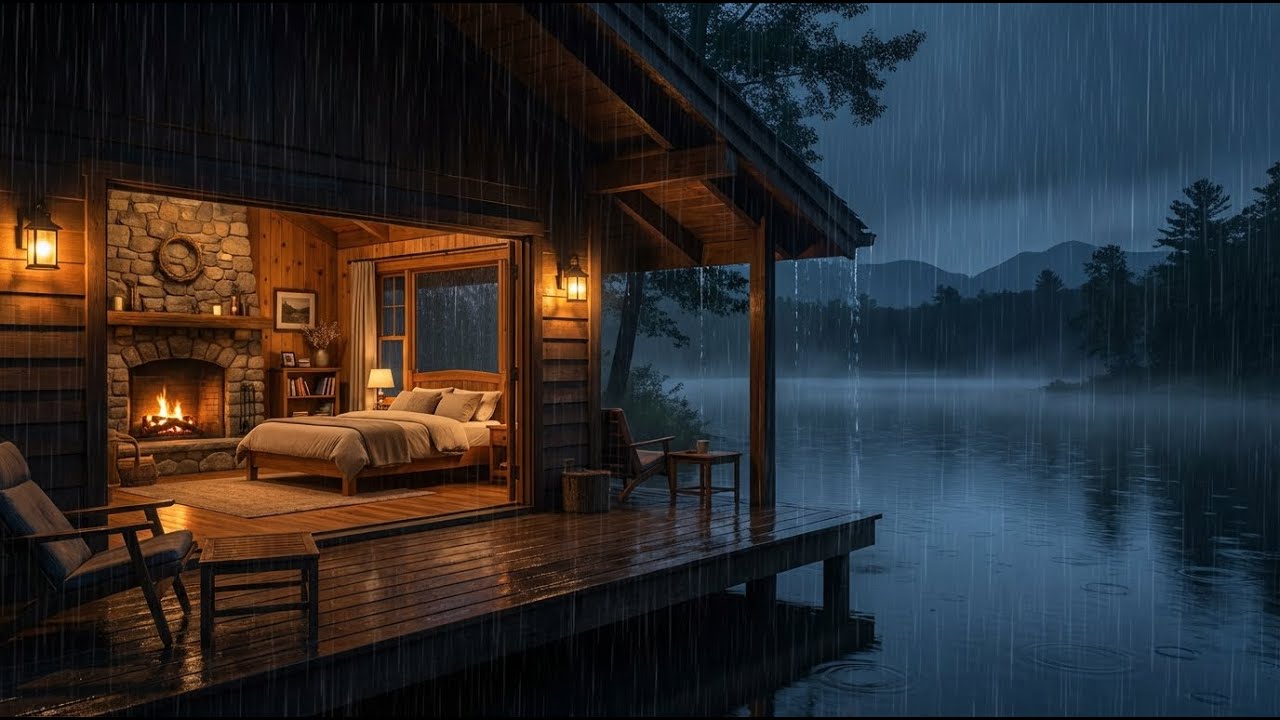 Cozy Wooden Cabin Fireplace & Heavy Rain Deep Sleep (No Ads)