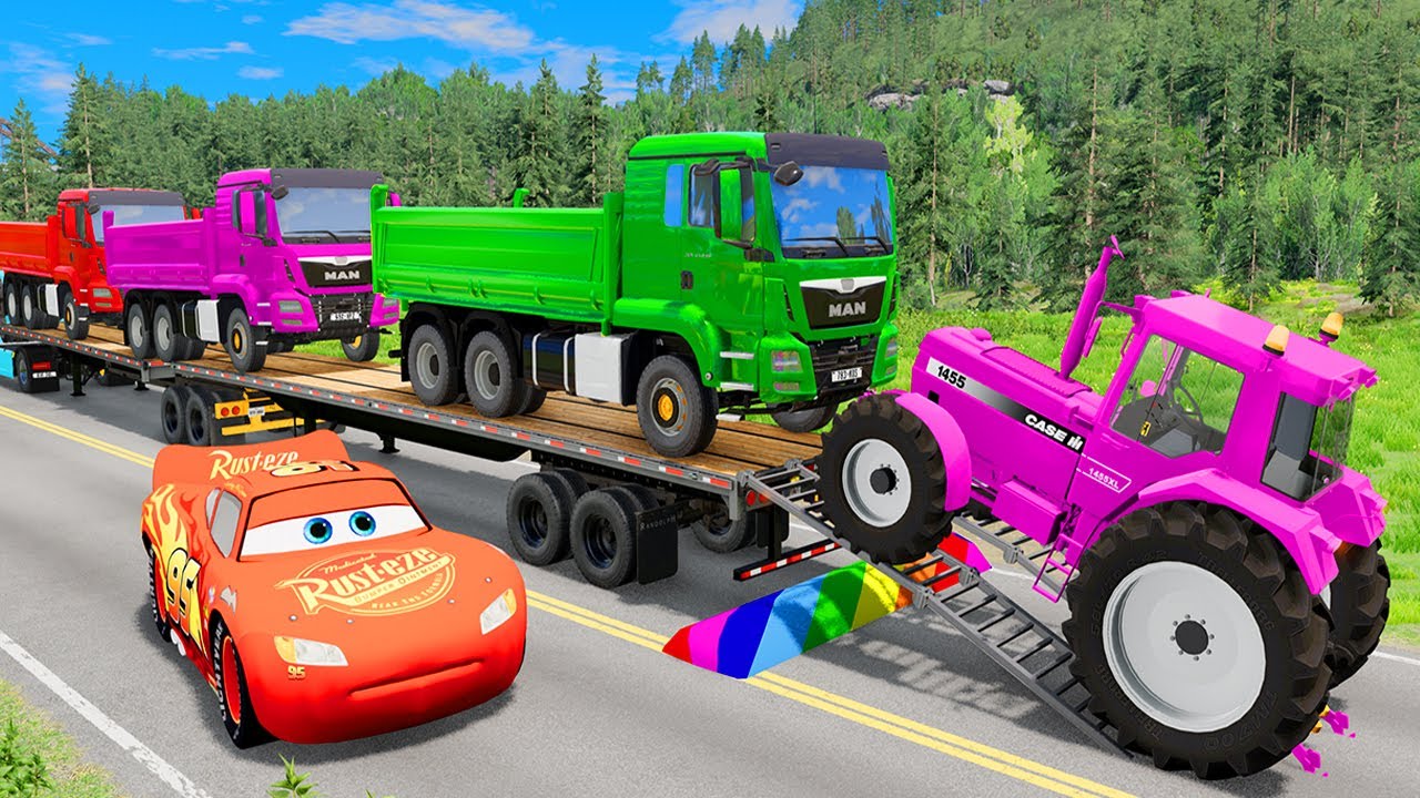 Flatbed Trailer McQueen Transportation with Truck - Speedbumps vs Cars vs Train #36 - BeamNG.Drive