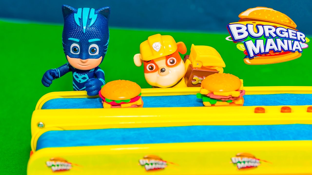Playing Burger Mania Game with PJ Masks and Paw Patrol Toys