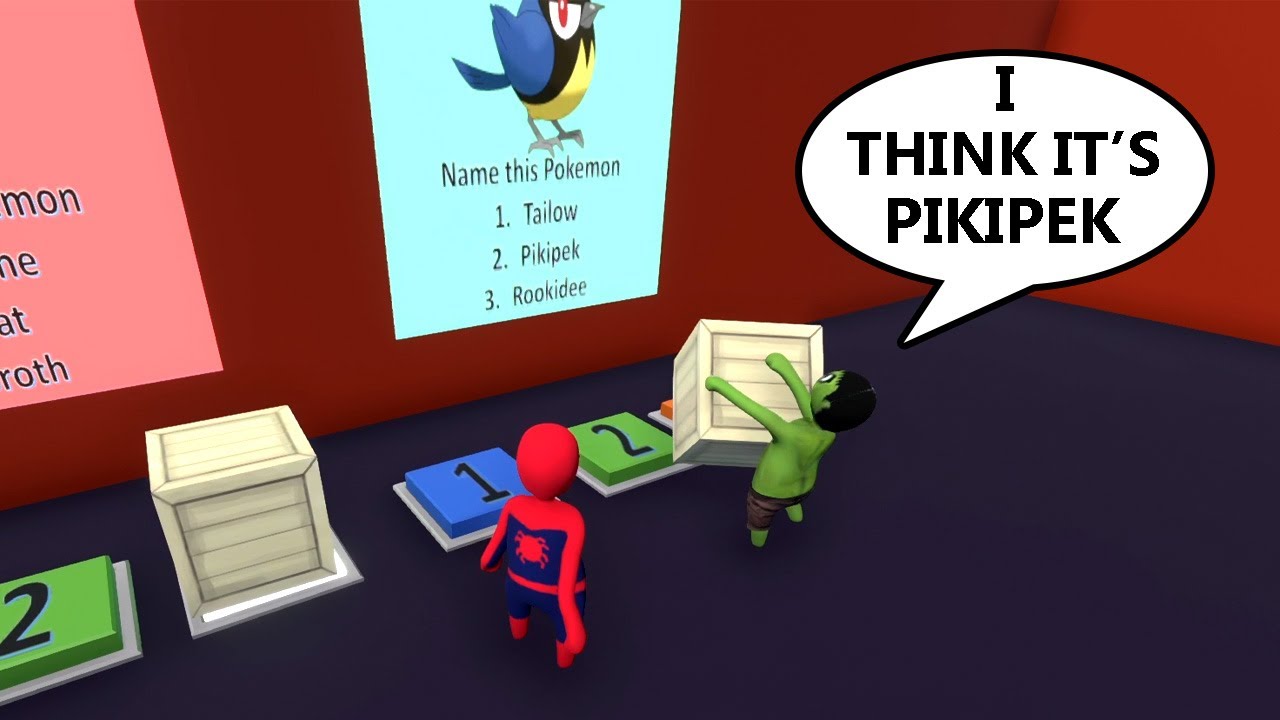 SPIDERMAN AND HULK DOING POKEMON QUIZ CHALLENGE in HUMAN FALL FLAT