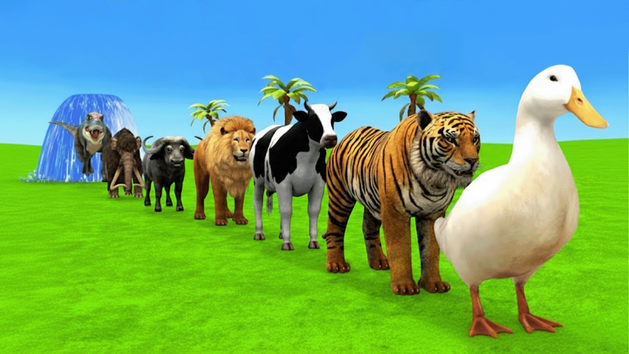 Long Slide Game With Cow Elephant Gorilla Hippopotamus Tiger - 3d Animal Game - Funny 3d Animals