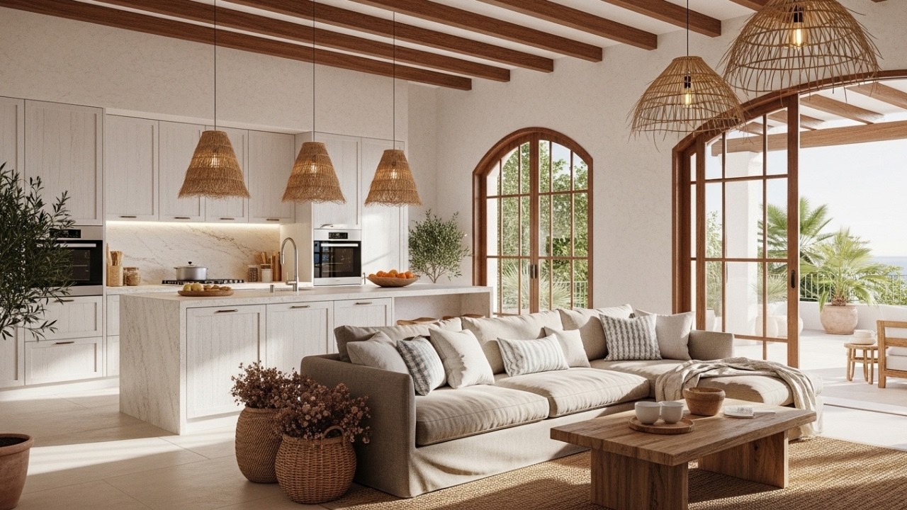 Cocina Abierta al Salón con Estilo Mediterráneo | Luz, Calidez y Armonía