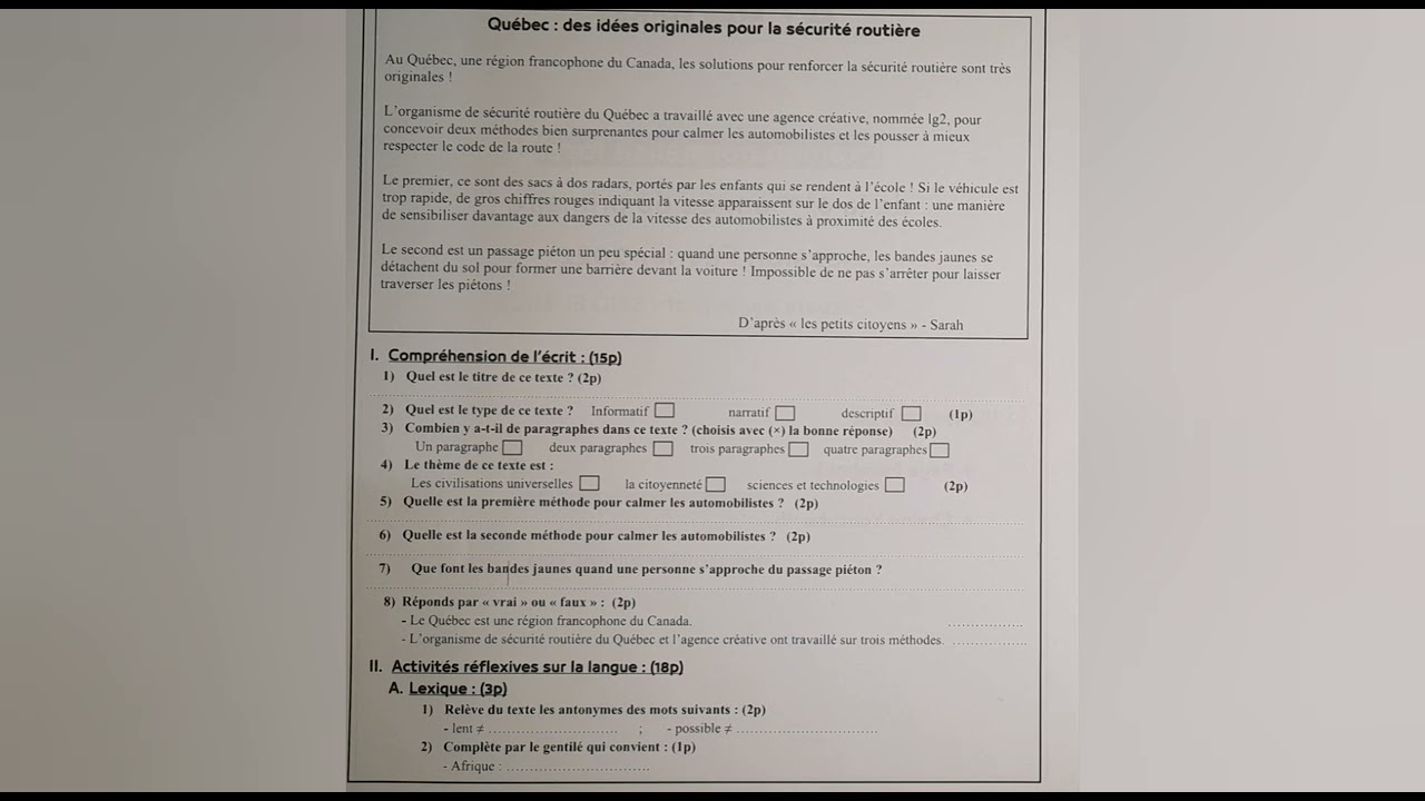 Examen normalis&eacute; local de la 6&eacute;me. AEP Session F&eacute;vrier 2022/ Correction :langue fran&ccedil;aise