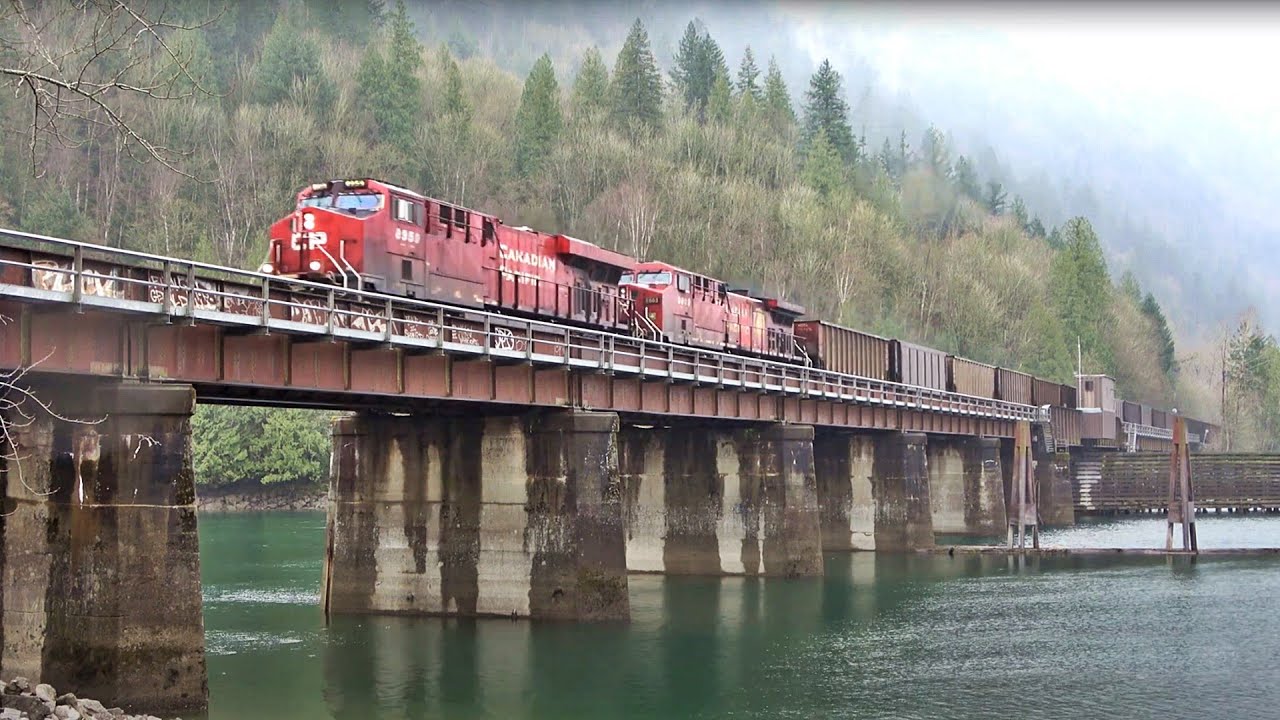 Harrison River Railroad Bridge Crossing with Canadian Pacific EB Coal Train, British Columbia