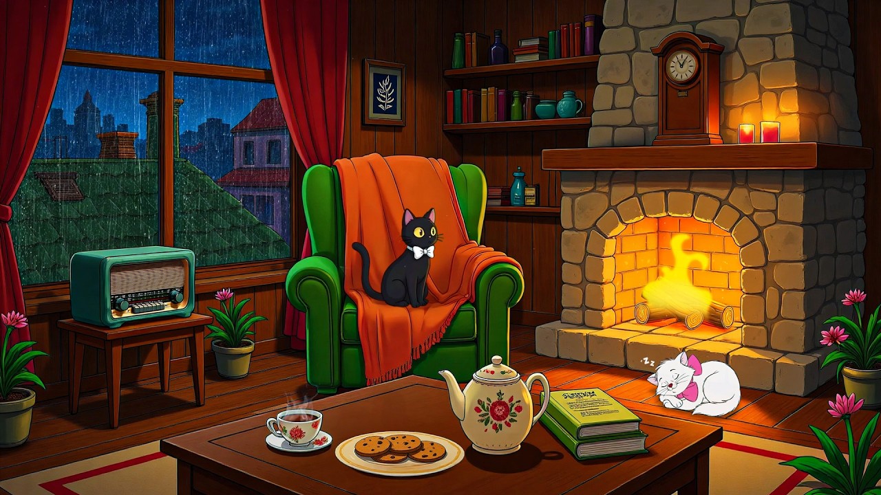 oldies playing in another room on 1950's cozy rainy night and it's a great night (relax, study)