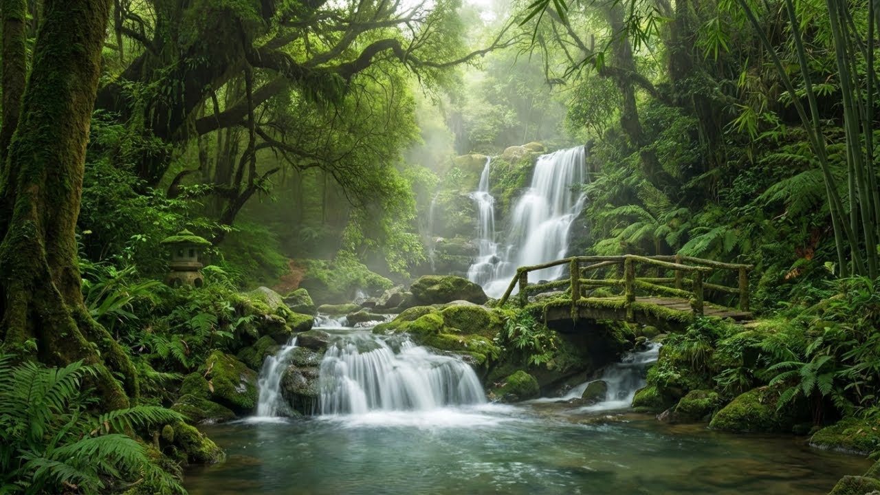 Peaceful Waterfall Sounds at Night Oasis to Melt Stress and Quiet Your Mind 😴🌌