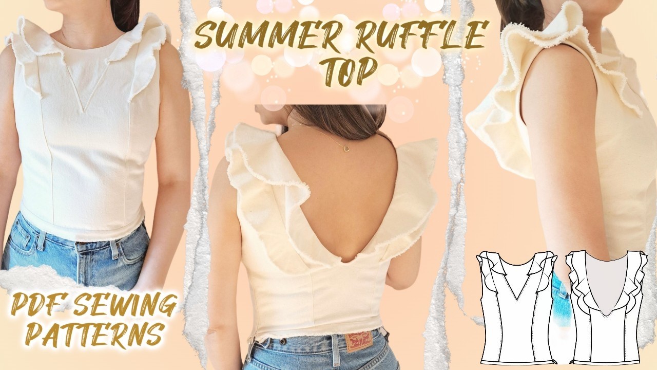 Fitted Summer Ruffle Denim Top | PDF Patterns | Sewing Tutorial | Fringe Ruffle | Invisible Zipper