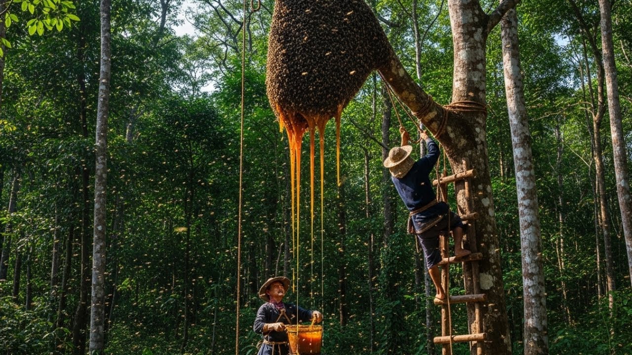 High Risk Wild Honey Harvest on a 200 Meter Tree