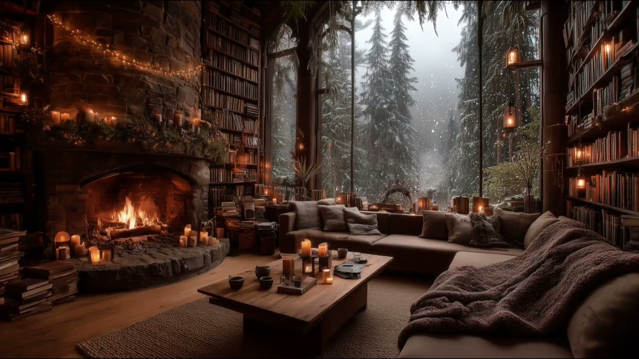 Soothing Piano Playlist | Warm Fireplace in the Woods 📚🏛️  Cozy Ambience for Sleep & Focus