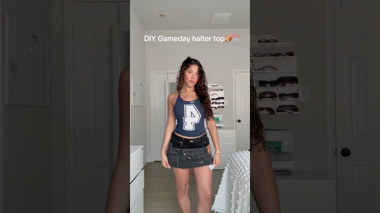 Love a good halter top🤍 #diy #gamedayoutfit #cutshirt #upcycle #thriftflip