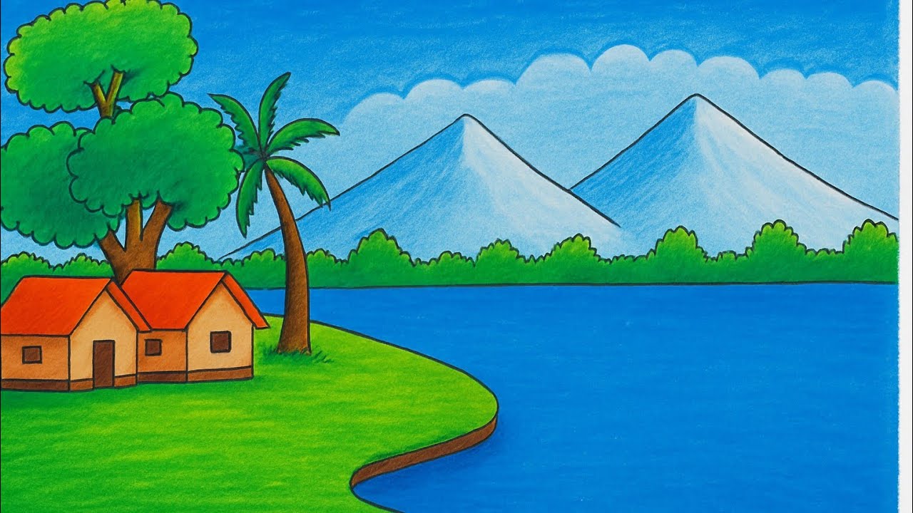Beautiful Village Scenery Drawing | Easy Nature Landscape with Oil Pastel|| গ্রামের দৃশ্য