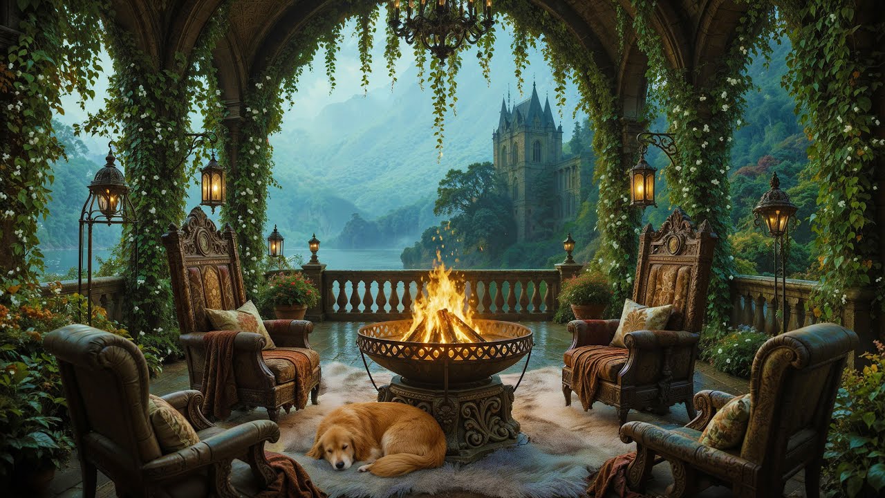Enchanted Gothic Terrace Overlooking Castle 🏰🔥 Medieval Ambient Music & Nature Sounds for Relaxation