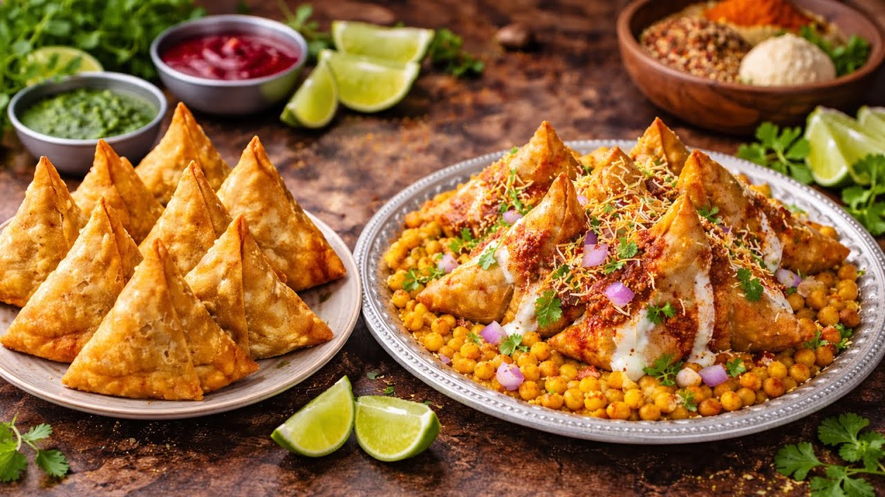 Samosa Chaat | Homemade wheat flour samosa chaat | Indian street food 