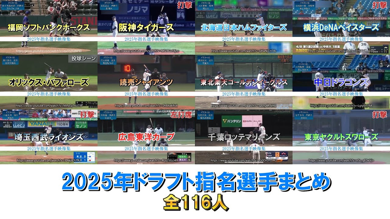 【全12球団】2025年ドラフト指名選手(育成含む)のアマチュア時代まとめてみた【全116人】