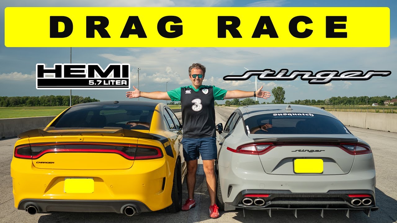 Kia Stinger GT соревнуется с Dodge Charger RT 5.7 Hemi, кто-то обходит соперника! Гонка по дрэг-н...