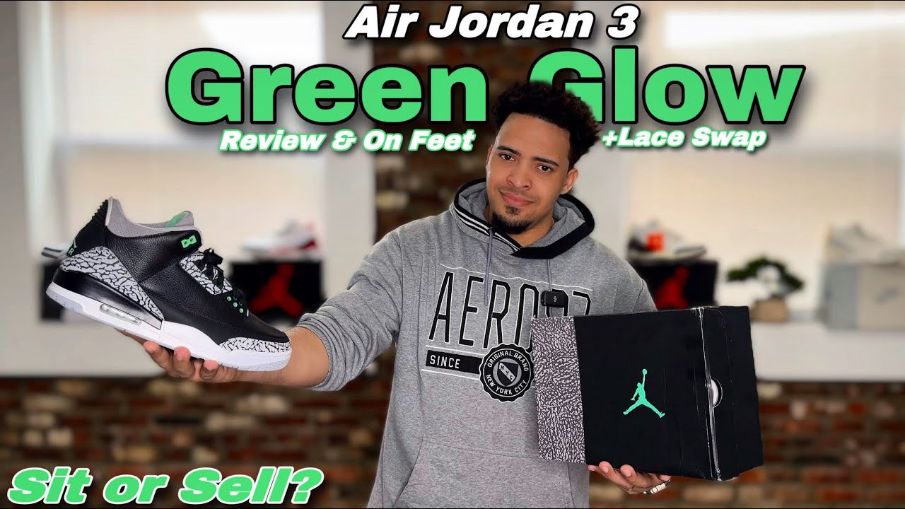 Обзор и примерка на ногах кроссовок Air Jordan 3 Green Glow + замена шнурков.