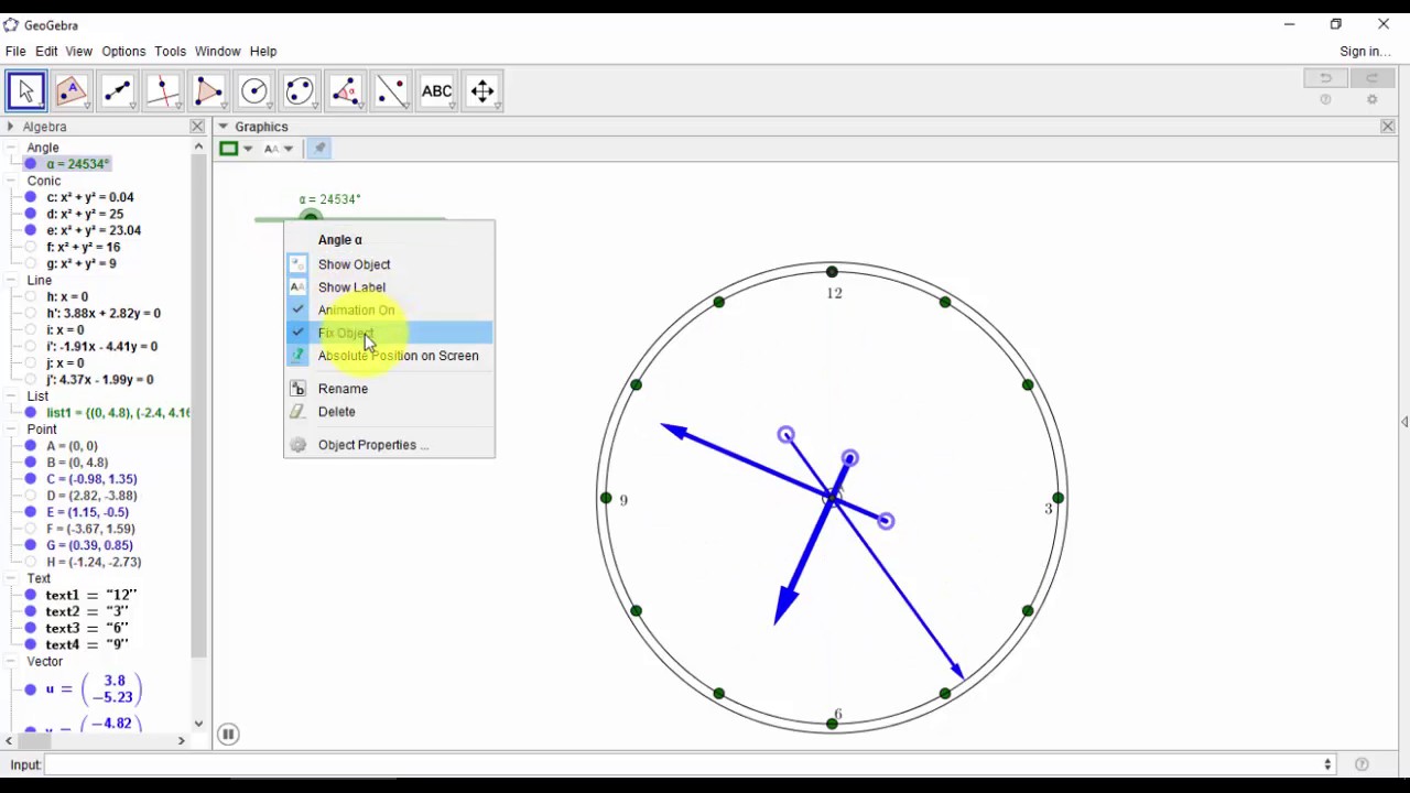 Animated clock in Geogebra [Tutorial]