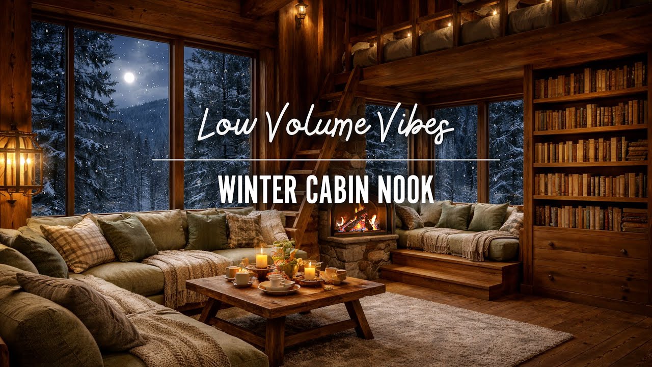 Cozy Winter Cabin Ambience on Snowy Night ❄️ Slow Jazz & Fireplace Sounds for Reading