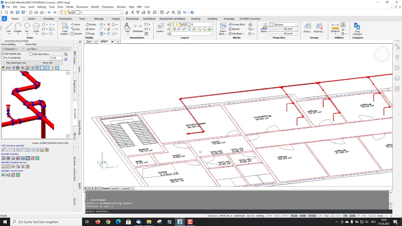 BricsCAD AX3000 Fire Sprinkler layout