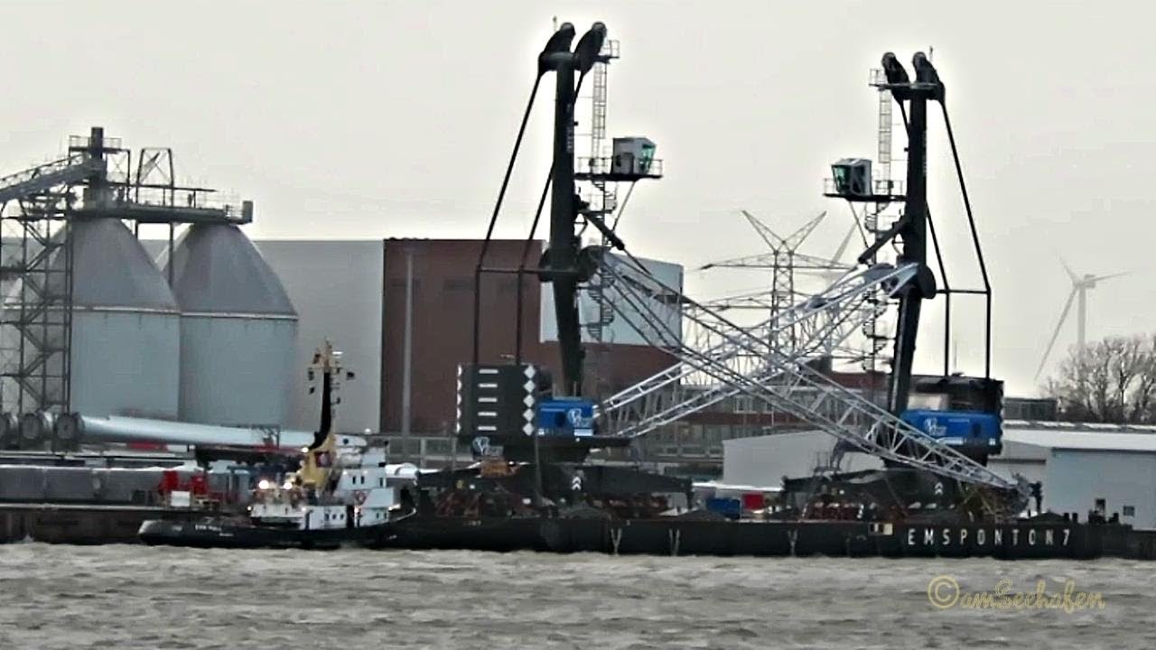 2 new Liebherr LHM 420 Litronic port cranes towed to Emden in Orkan Burglind