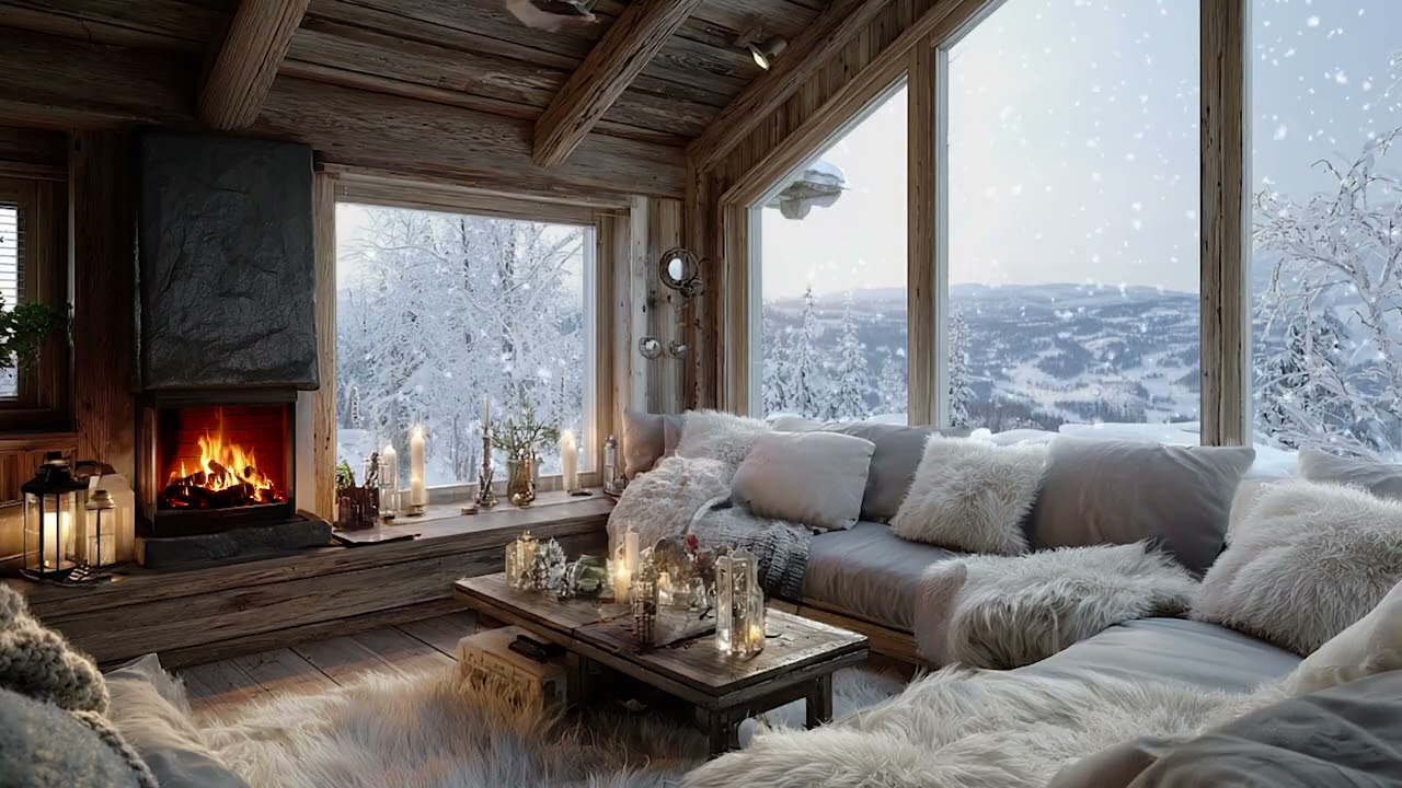 Cozy White Lounge Piano | Snowfall Outside, Fireplace Glow for Study & Relax