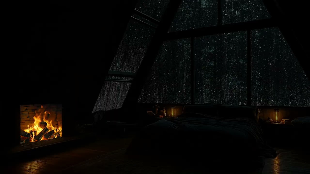 Night Forest Ambience🌲😪Rain Tin Roof+Calm Thunder🔥Firep Sounds for SLEEP, REST & RELAX - Dark screen