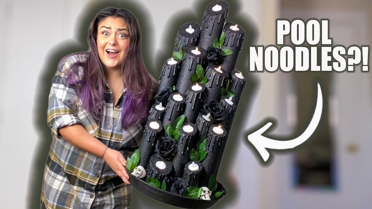 DIY HALLOWEEN BLACK CANDLES!! POOL NOODLES + HOT GLUE = SPOOKY CANDLES?!