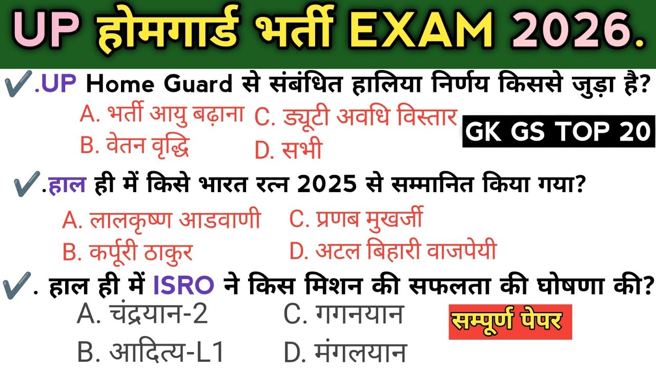 UP Home Guard Current Affairs | Last 6 Months | Top 20 GK GS Question