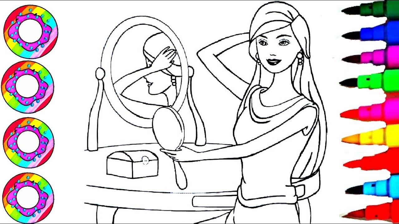 Colouring Drawings Disney's Barbie Infront of her Rainbow Sparkle Dressing Mirror Coloring Pages