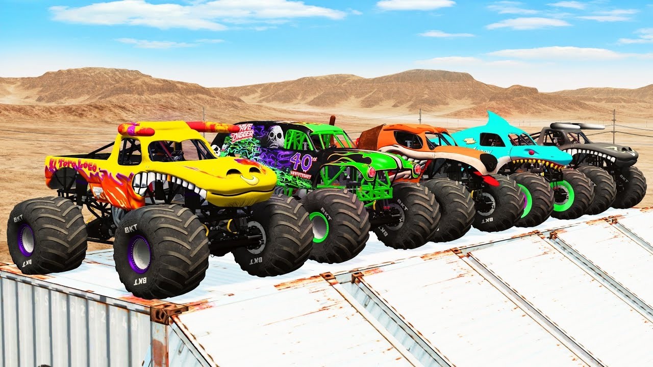 Big Monster Trucks Transport Triple Flatbed with Color Slide#