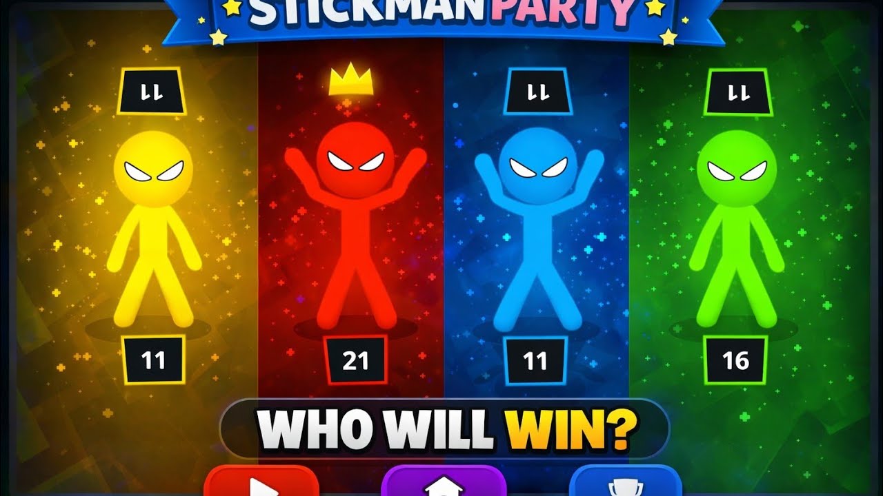 The Stickman party epic minigames/ 1 2 3 4 player rounds rainbow style battle 