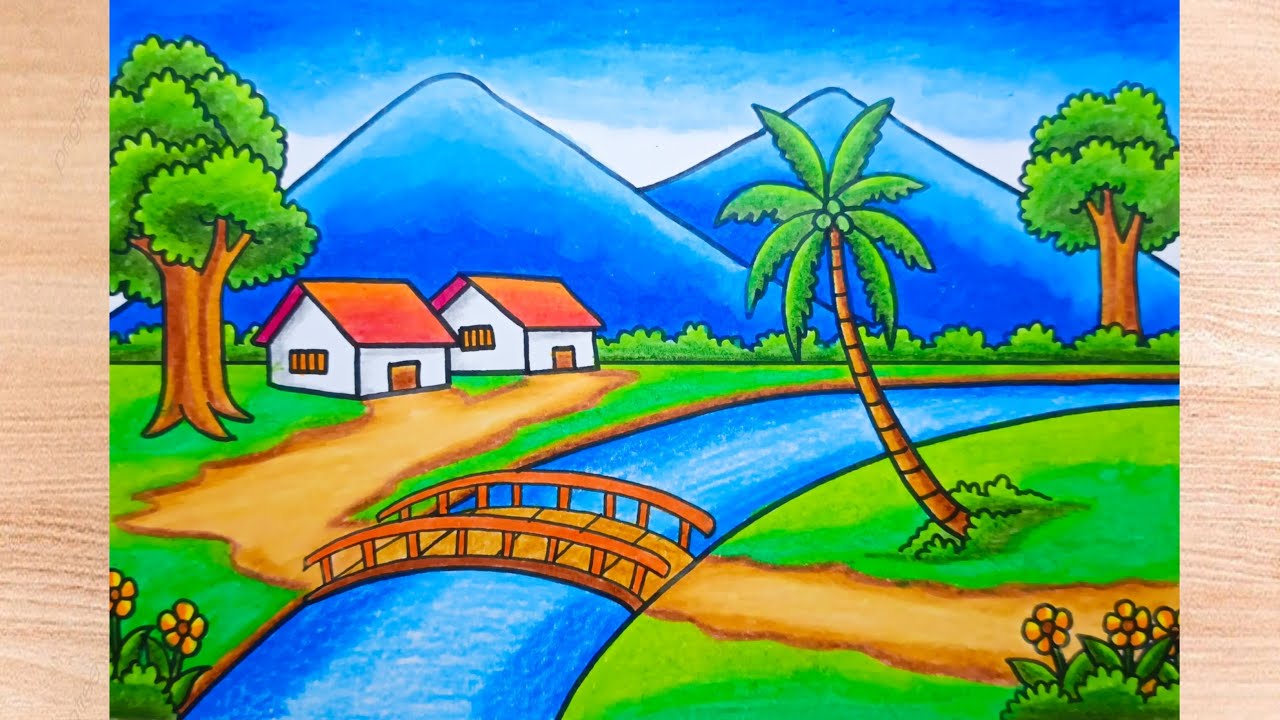 How to Draw a Peaceful Countryside Scenery | A Calming Scenery with a River and Mountains