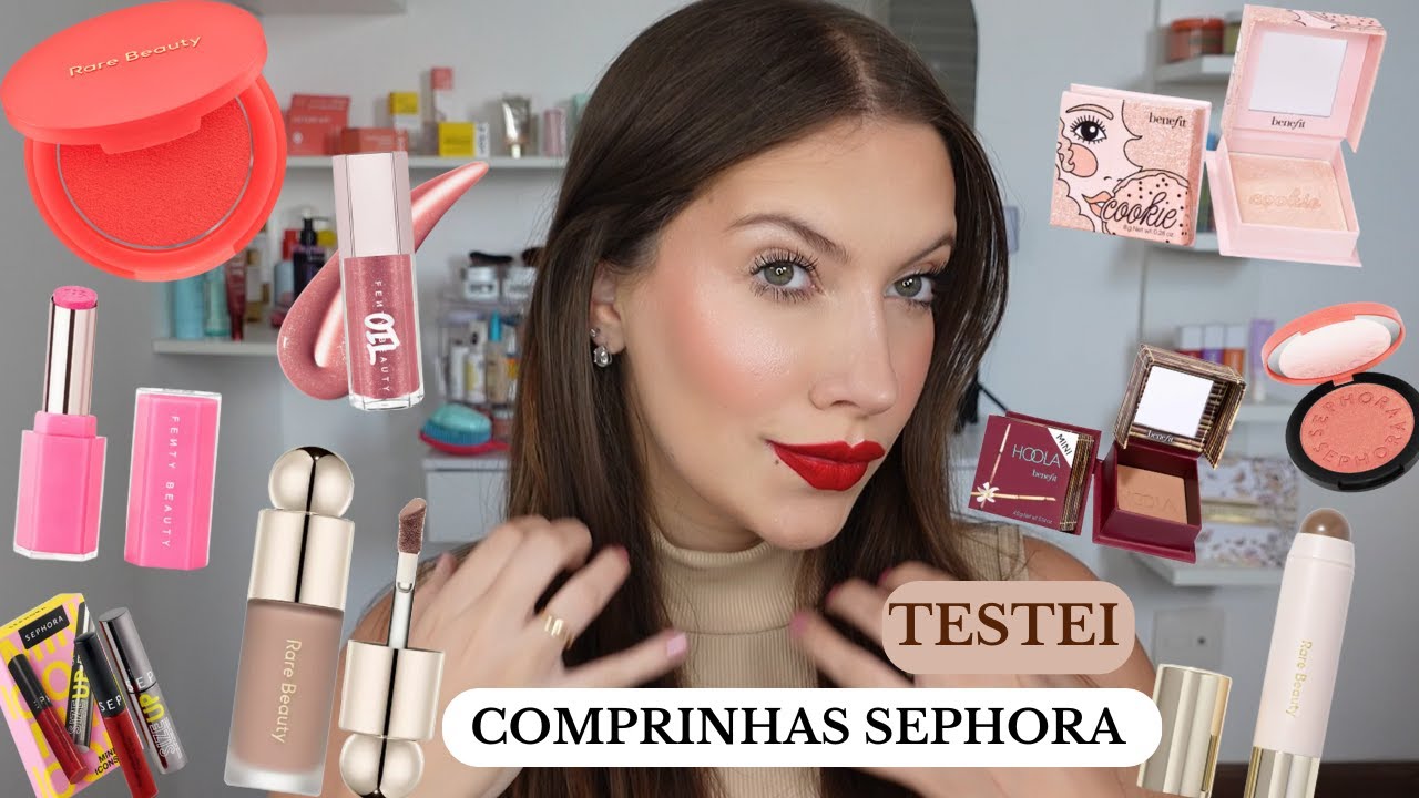 MAKE COM COMPRINHAS DA SEPHORA 😍 Lan&ccedil;amentos Rare Beauty, Fenty Beauty, Benefit, Sephora Collection