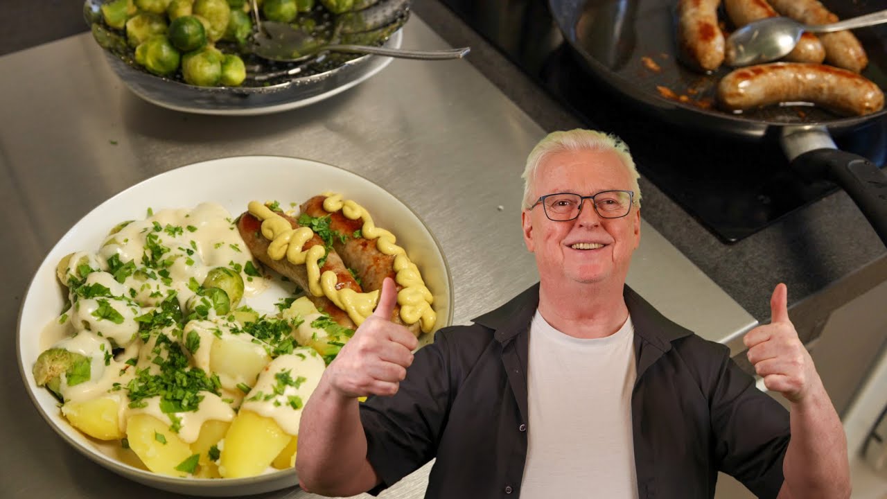 Frische Bratwurst mit Rosenkohl, Bechamel und Kartoffeln