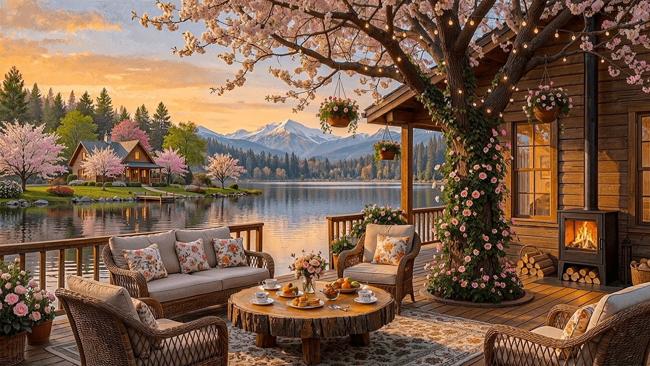 Warm Spring Balcony Ambience by the Lake 🌸 | Soft Piano & Crackling Fireplace Sounds for Focus