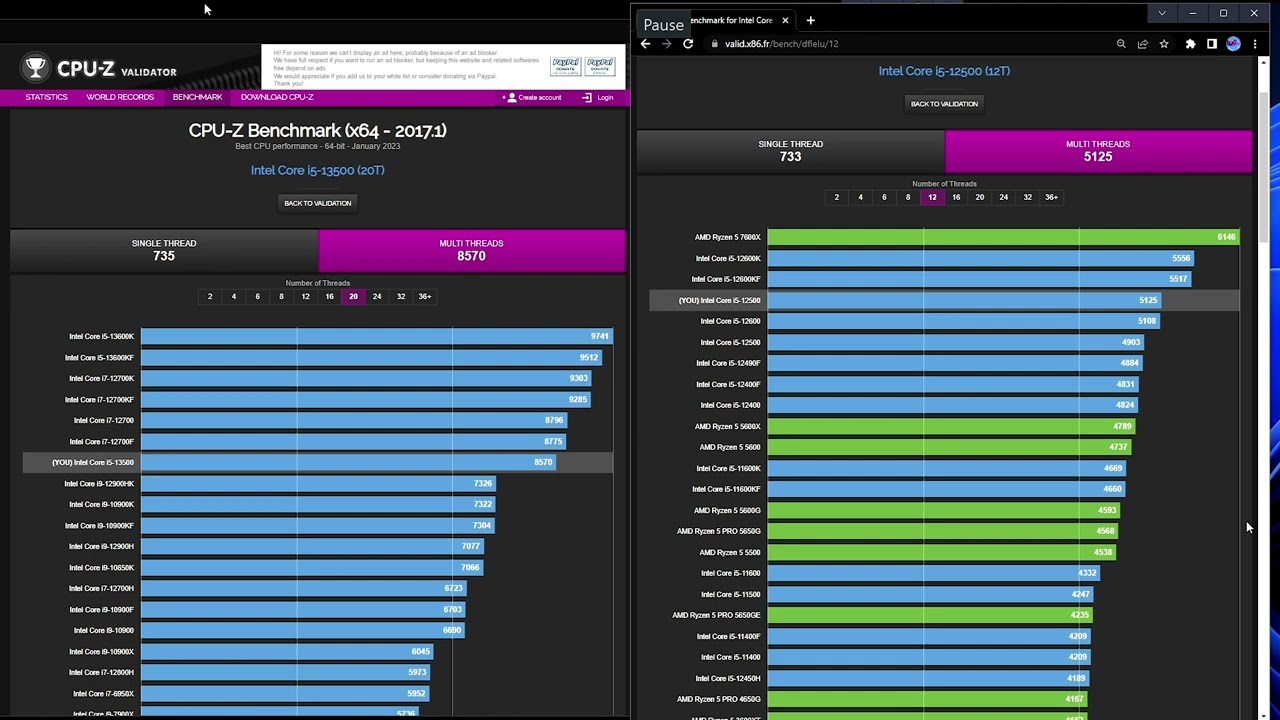 Intel Core i5 13500 vs i5 12500 - Test on CPUZ & Cinebench 23
