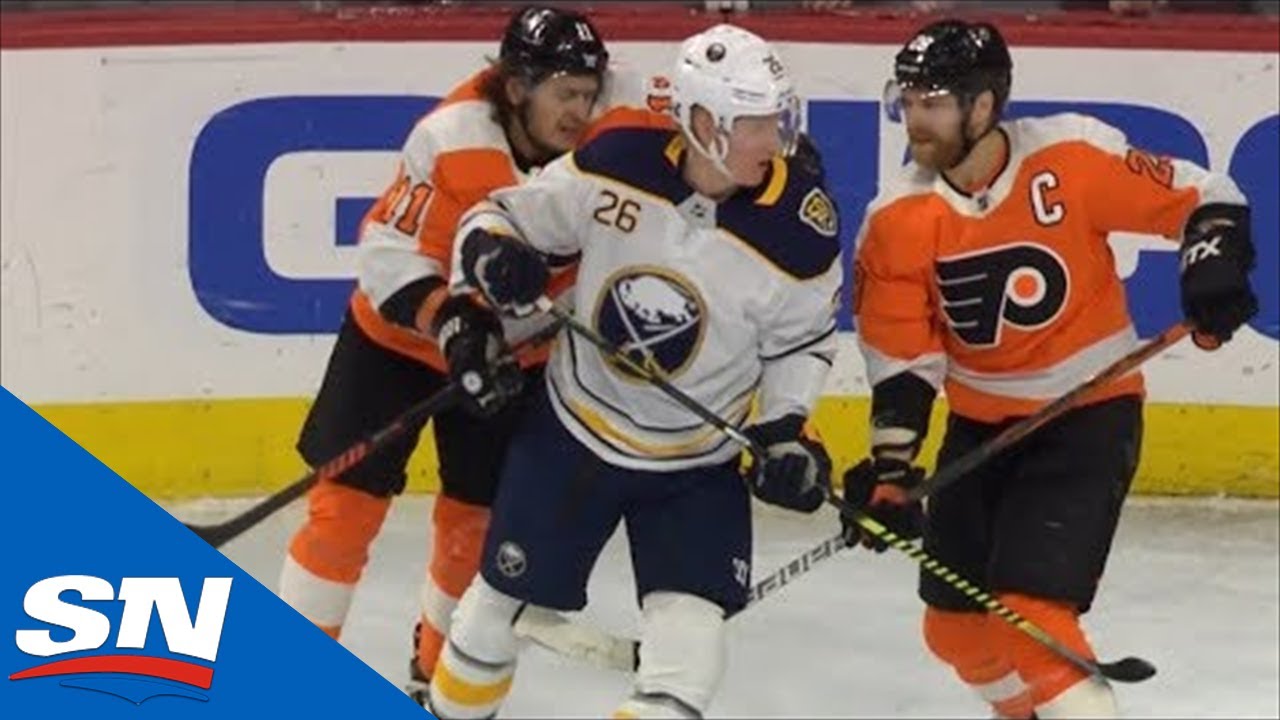Rasmus Dahlin, Claude Giroux and Travis Konecny Slash and Cross-Check Each Other