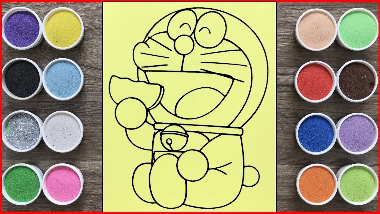 T&ocirc; m&agrave;u tranh c&aacute;t m&egrave;o m&aacute;y Doemon ăn b&aacute;nh r&aacute;n - Sand painting Doraemon eats cake (Chim Xinh channel)