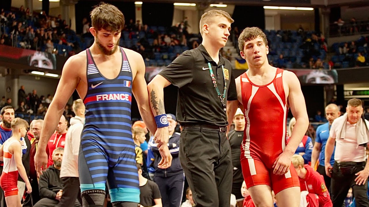 U20 Oumar Ibraikhanov (BEL) vs Adam Kakhriev (FRA) 79kg. Freestyle men wrestling. B-cam-man
