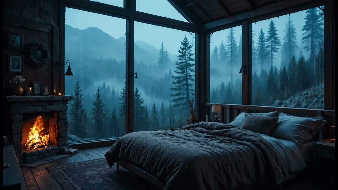 Sleeping by the Fireplace in the Mountains ASMR | Foggy Night Outside