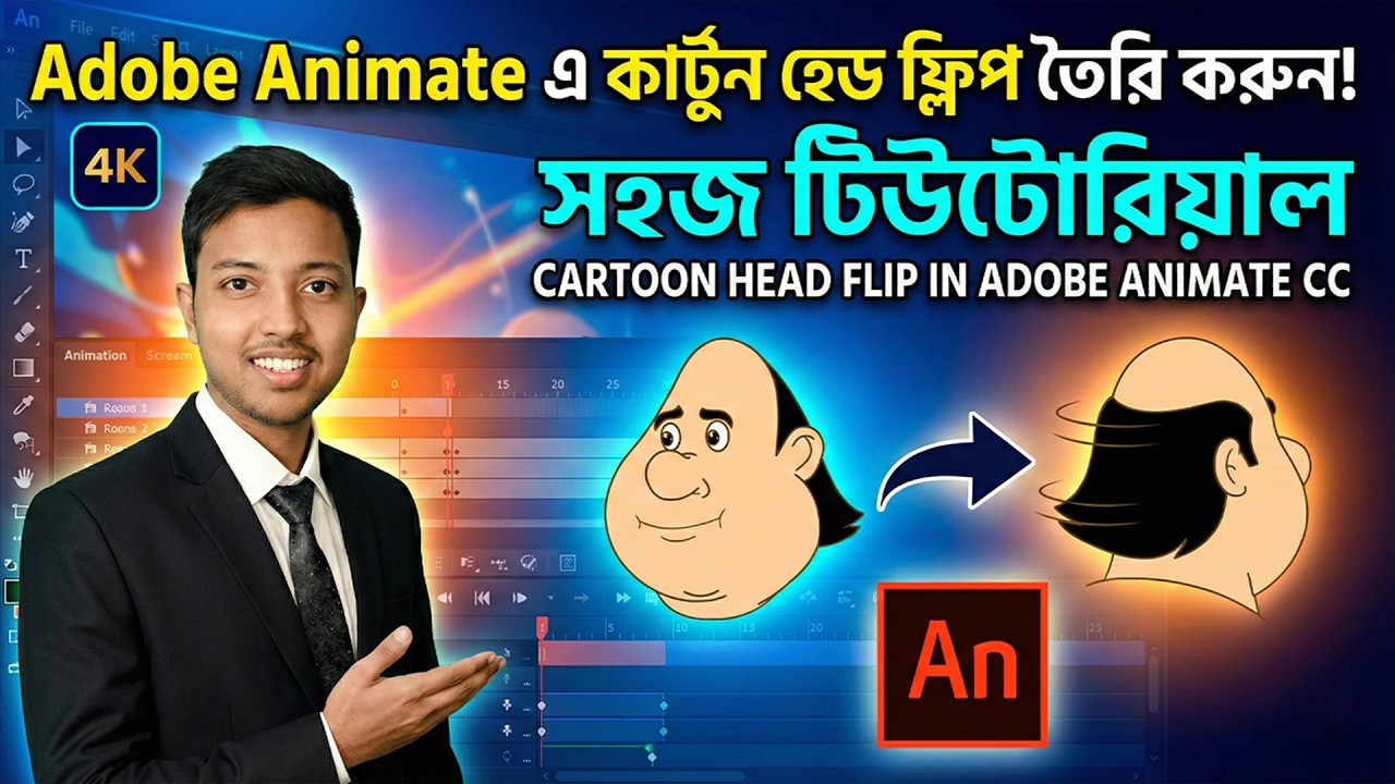 How to Create Cartoon Head Flip in Adobe Animate CC | কার্টুন হেড টার্ন বা হেড ফ্লিপ | Class 40