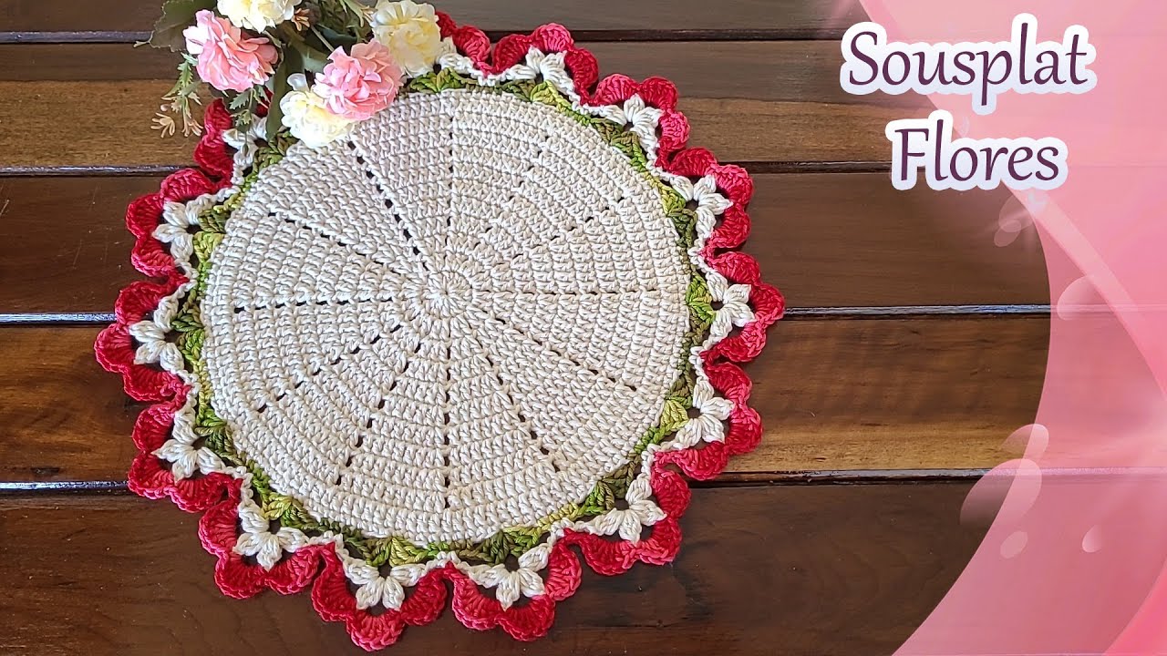 Sousplat flores - Crochê - centrinho de mesa -Econômico,Simples  fácil Vídeo aula - Passo a passo.