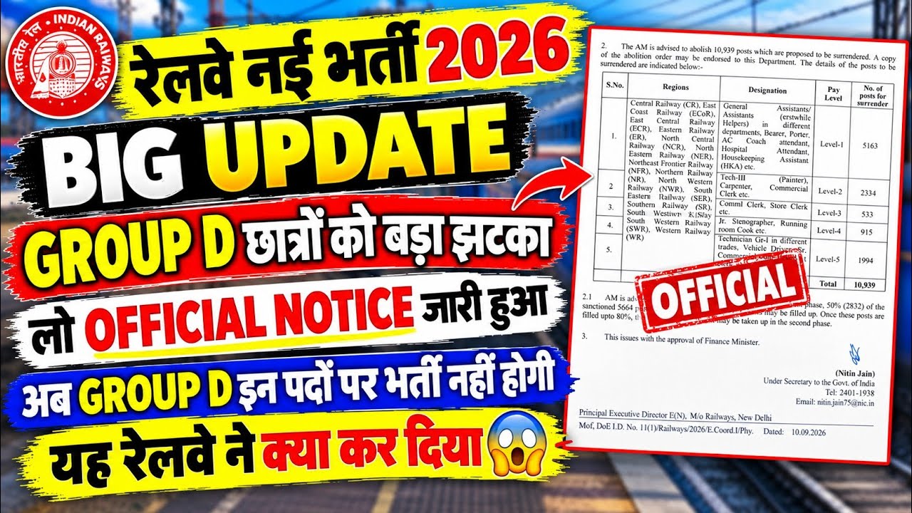 रेलवे NEW VACANCY 2026 BIG UPDATE | GROUP D छात्रों को बड़ा झटका😭OFFICIAL NOTICE OUT, अब क्या होगा?