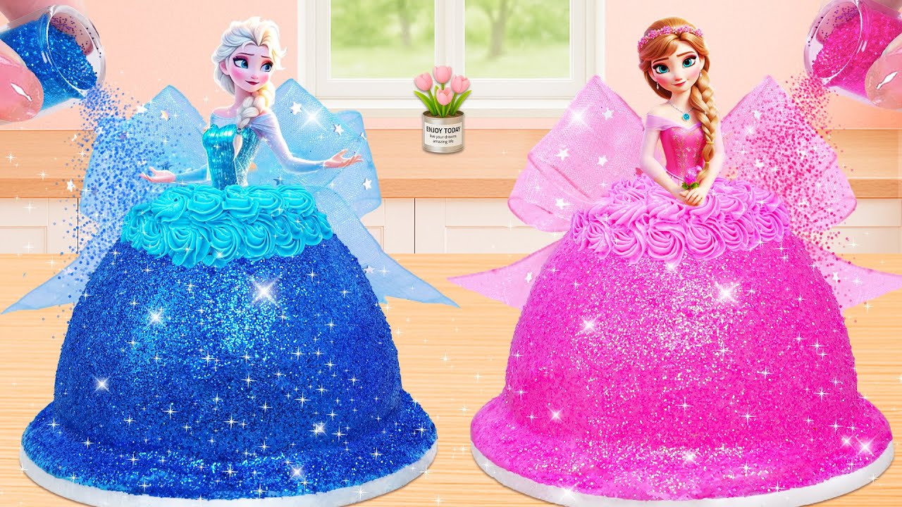 Elsa & Anna Glitter Princess Cake Challenge ✨💙💖 | Sparkly Dessert Art | Lily Little Cake