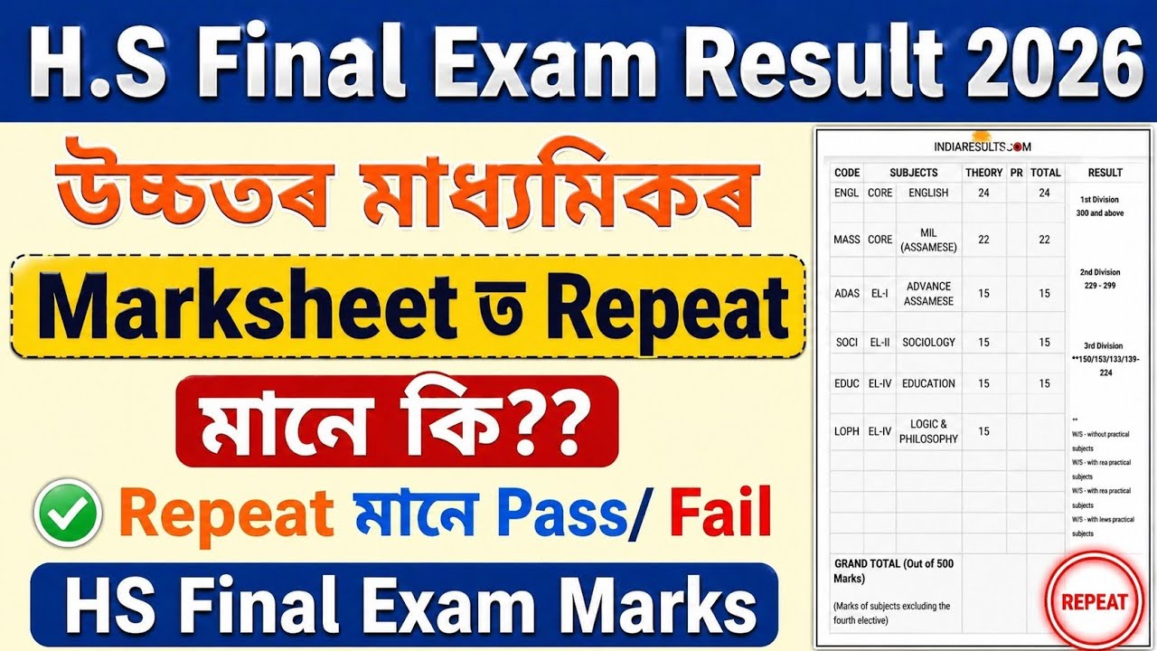 Repeat মানে কি? HS Final Exam Result 2026 Marksheet Repeat Meaning | Pass or Fail Explained Assamese