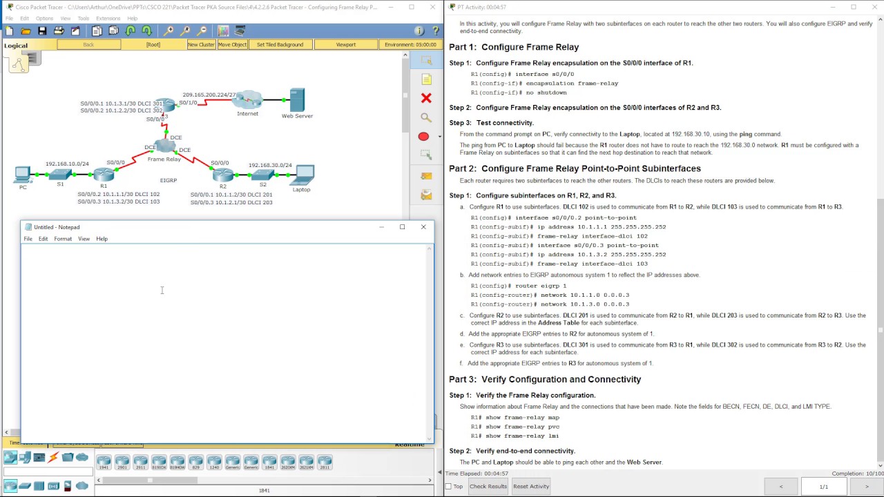 Lab 4.2.2.6 Packet Tracer - Configuring Frame Relay Point-to-Point Subinterfaces