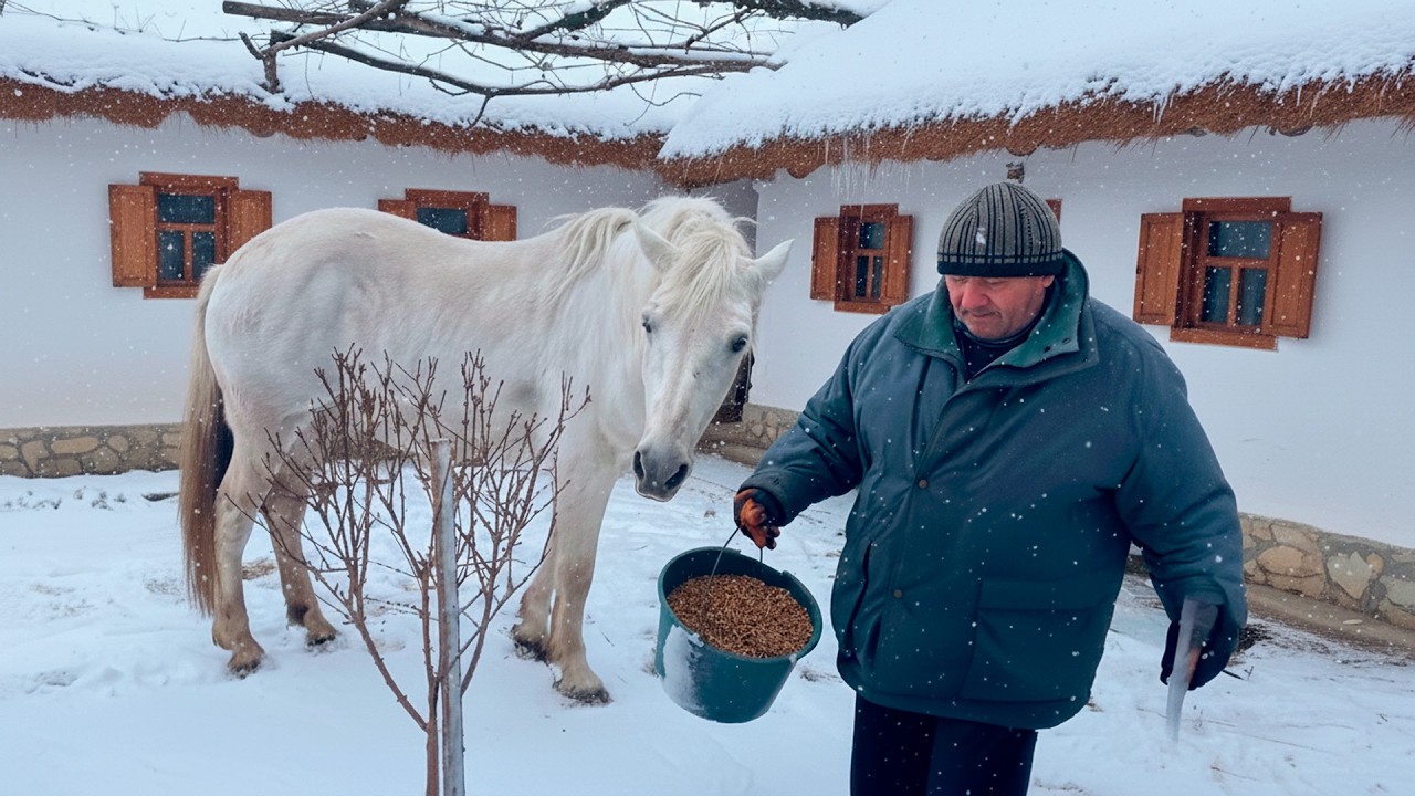 Old Village Life in Winter. Care in a Rural Yard🎄