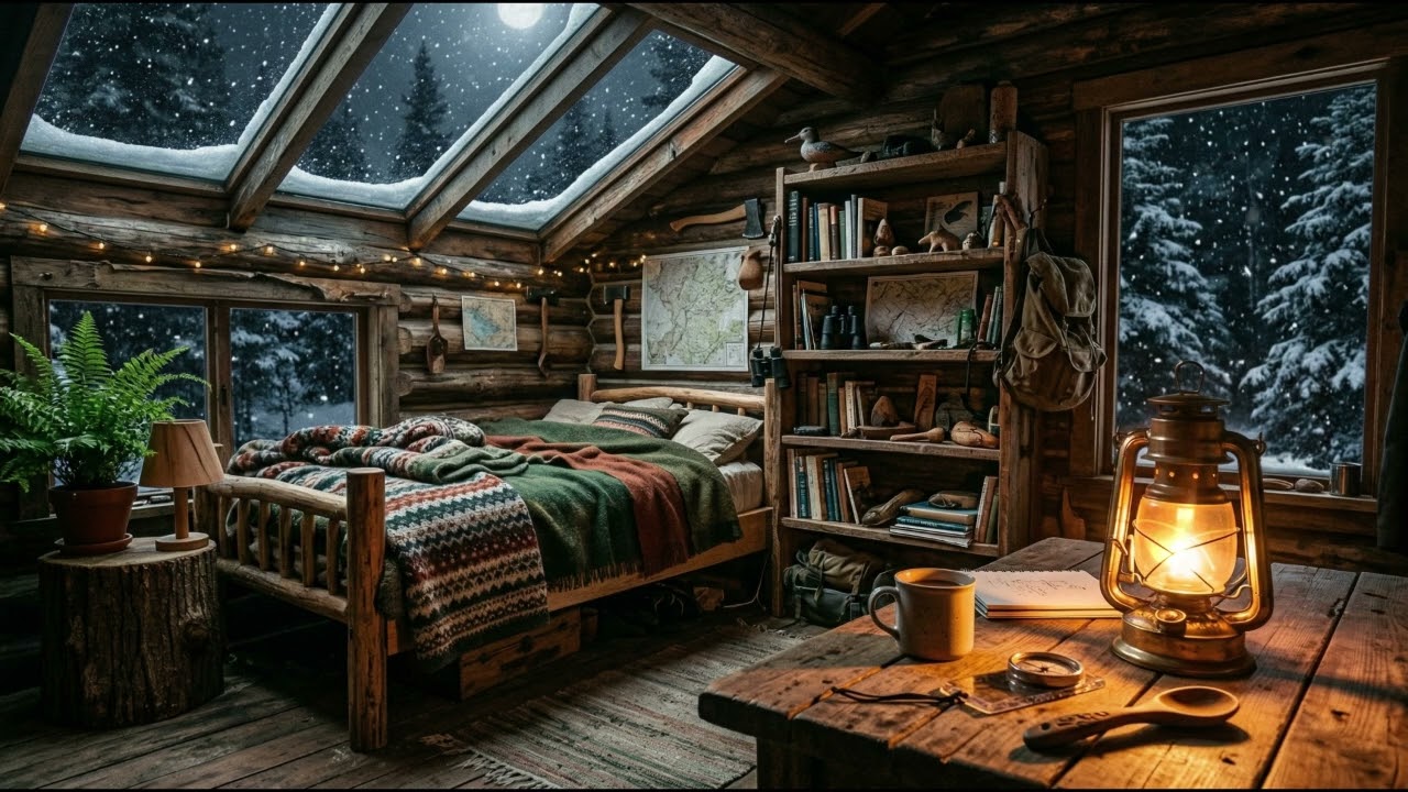 Winter Cabin Warm Shadows – Lantern Glow, Moonlit Snow & Deep Winter Calm
