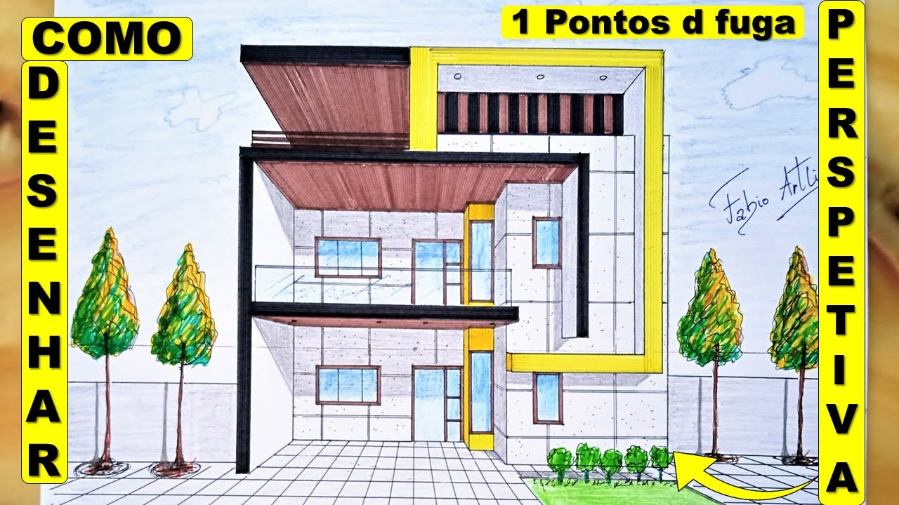 🟢COMO DESENHAR FACHADA RESIDENCIAL USANDO 1 PONTO DE FUGA PASSO A PASSO